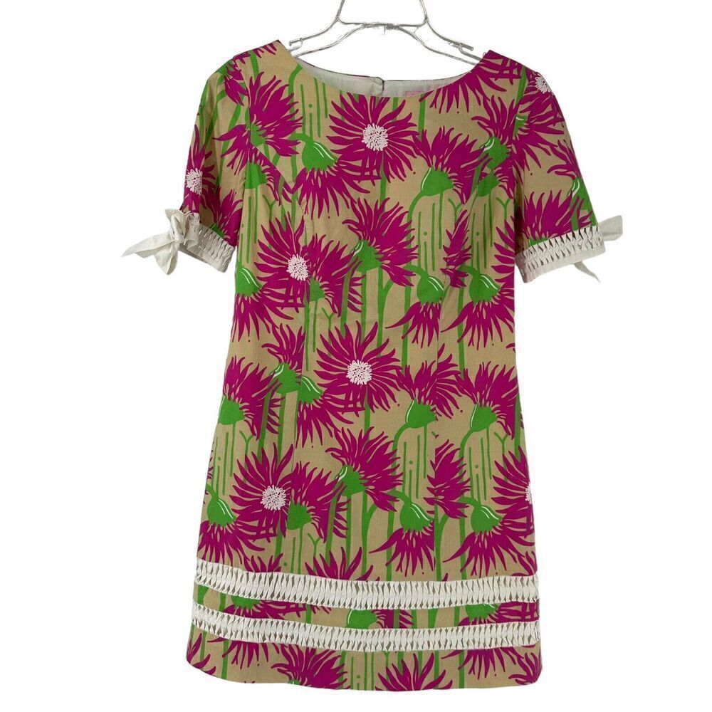 Lilly Pulitzer Dress Size 0 Floral Mini Short Sleeve Shift Bows Zinnia Preppy